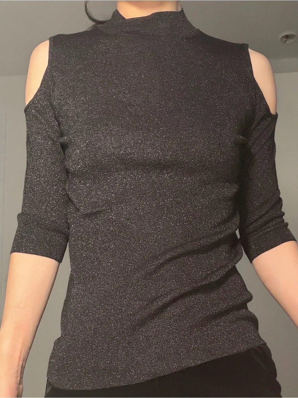 Women’s Black Mock Neck Cold Shoulder Fitted Top
